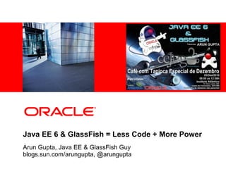 <Insert Picture Here>




Java EE 6 & GlassFish = Less Code + More Power
Arun Gupta, Java EE & GlassFish Guy
blogs.sun.com/arungupta, @arungupta
 