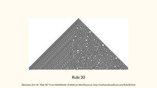 Rule 30
Weisstein, Eric W. "Rule 30." From MathWorld--A Wolfram Web Resource. http://mathworld.wolfram.com/Rule30.html
 