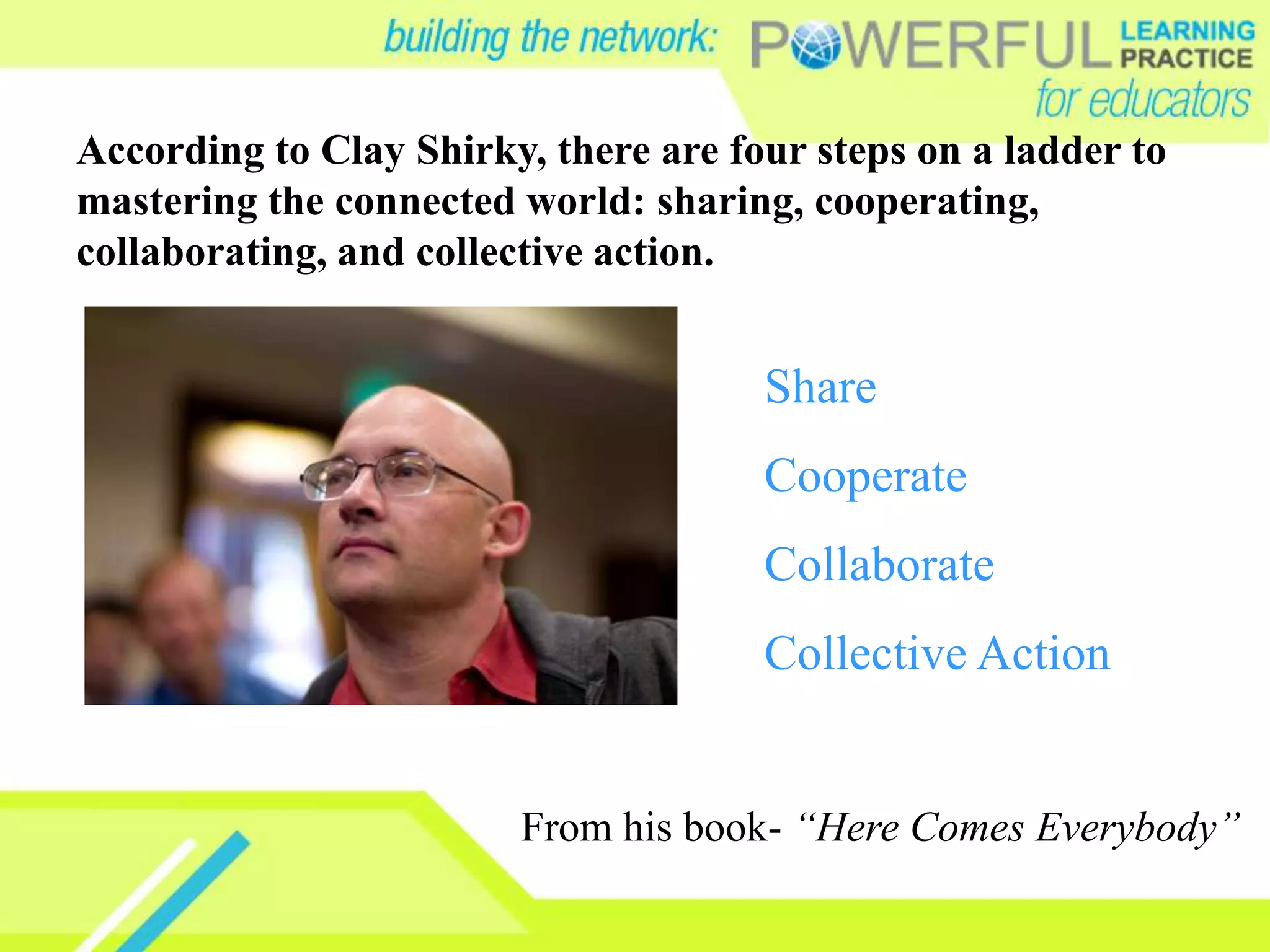 Share
Cooperate
Collaborate
Collective Action
According to Clay Shirky, there are four steps on a ladder to
mastering the connected world: sharing, cooperating,
collaborating, and collective action.
From his book- “Here Comes Everybody”
 