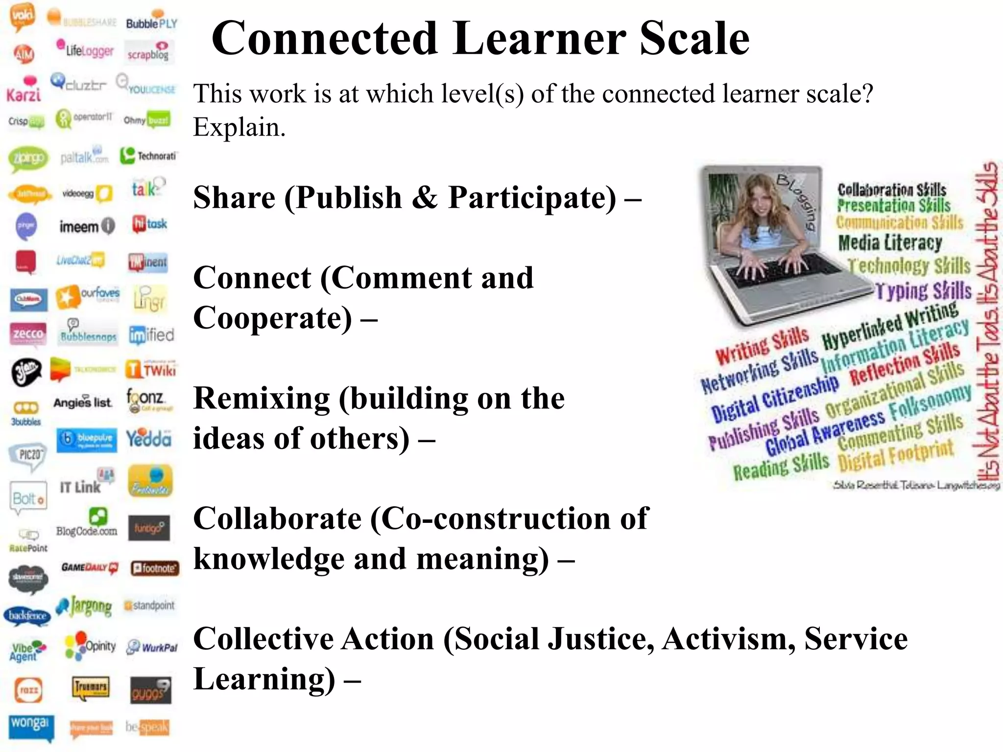 Connected Learner Scale
This work is at which level(s) of the connected learner scale?
Explain.
Share (Publish & Participate) –
Connect (Comment and
Cooperate) –
Remixing (building on the
ideas of others) –
Collaborate (Co-construction of
knowledge and meaning) –
Collective Action (Social Justice, Activism, Service
Learning) –
 