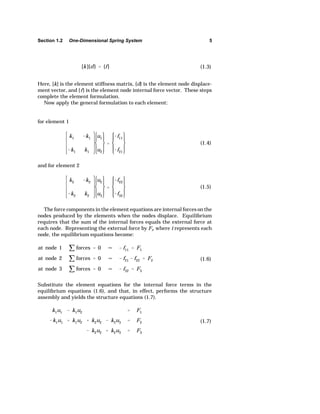 Section 1.2 One-Dimensional Spring System 5 
[k]{d}  {f } (1.3) 
Here, [k] is the element stiffness matrix, {d} is the element node displace-ment 
vector, and {f} is the element node internal force vector. These steps 
k1 k1 
k1 k1 
u1 
u2 
 
f11 
f21 
(1.4) 
k2 k2 
k2 k2 
u2 
u3 
 
f22 
f32 
(1.5) 
at node 1 ˆ forces  0 v  f11  F1 
at node 2 ˆ forces  0 v  f21  f22  F2 
at node 3 ˆ forces  0 v  f32  F3 
(1.6) 
k1u1  k1u2  F1 
k1u1  k1u2  k2u2  k2u3  F2 
 k2u2  k2u3  F3 
(1.7) 
complete the element formulation. 
Now apply the general formulation to each element: 
for element 1 
and for element 2 
The force components in the element equations are internal forces on the 
nodes produced by the elements when the nodes displace. Equilibrium 
requires that the sum of the internal forces equals the external force at 
each node. Representing the external force by Fi, where i represents each 
node, the equilibrium equations become: 
Substitute the element equations for the internal force terms in the 
equilibrium equations (1.6), and that, in effect, performs the structure 
assembly and yields the structure equations (1.7). 
 