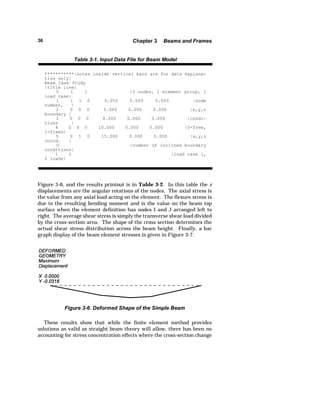 36 Chapter 3 Beams and Frames 
***********|notes inside vertical bars are for data explana-tion 
only| 
Beam Case Study 
|title line| 
5 1 1 |5 nodes, 1 element group, 1 
load case| 
1 1 1 0 0.000 0.000 0.000 |node 
number, | 
2 0 0 0 5.000 0.000 0.000 |x,y,z 
boundary | 
3 0 0 0 8.000 0.000 0.000 |condi-tions 
| 
4 0 0 0 10.000 0.000 0.000 |0-free, 
1-fixed| 
5 0 1 0 15.000 0.000 0.000 |x,y,z 
coord. | 
0 |number of inclined boundary 
conditions| 
1 2 |load case 1, 
2 loads| 
Table 3-1. Input Data File for Beam Model 
Figure 3-6, and the results printout is in Table 3-2. In this table the z 
displacements are the angular rotations of the nodes. The axial stress is 
the value from any axial load acting on the element. The flexure stress is 
due to the resulting bending moment and is the value on the beam top 
surface when the element definition has nodes I and J arranged left to 
right. The average shear stress is simply the transverse shear load divided 
by the cross-section area. The shape of the cross section determines the 
actual shear stress distribution across the beam height. Finally, a bar 
graph display of the beam element stresses is given in Figure 3-7. 
Figure 3-6. Deformed Shape of the Simple Beam 
These results show that while the finite element method provides 
solutions as valid as straight beam theory will allow, there has been no 
accounting for stress concentration effects where the cross-section change 
 