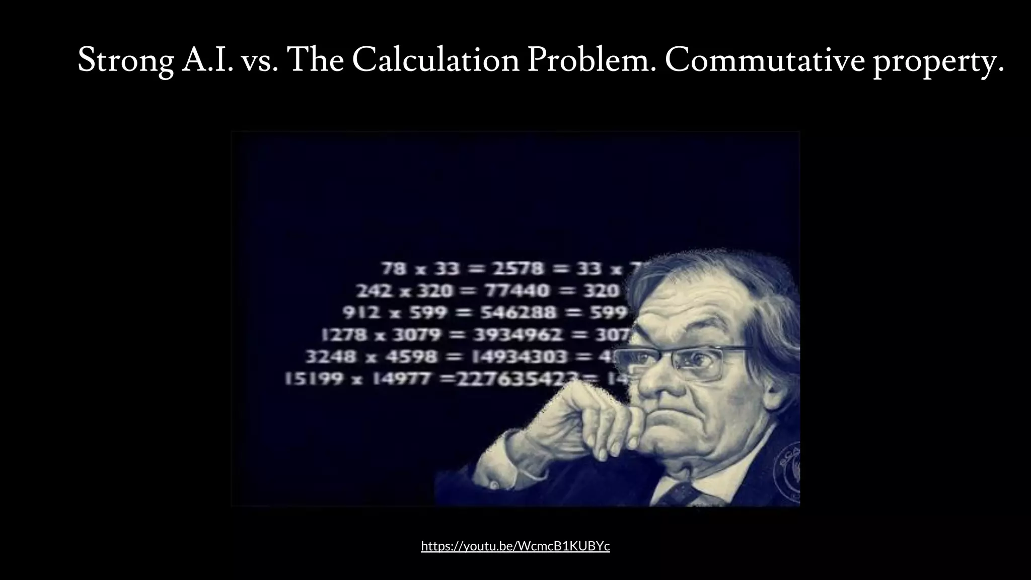 Strong A.I. vs. The Calculation Problem. Commutative property.
src: www.adamwalanus.pl/2016/chaitin/160519-1804-19.jpg
https://youtu.be/WcmcB1KUBYc
 
