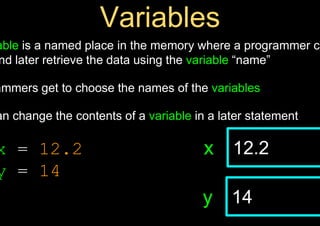 able is a named place in the memory where a programmer ca
nd later retrieve the data using the variable “name”
ammers get to choose the names of the variables
an change the contents of a variable in a later statement
12.2
x
14
y
x = 12.2
y = 14
 