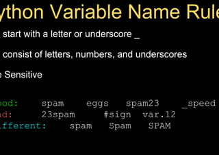 t start with a letter or underscore _
t consist of letters, numbers, and underscores
e Sensitive
ood: spam eggs spam23 _speed
ad: 23spam #sign var.12
ifferent: spam Spam SPAM
 