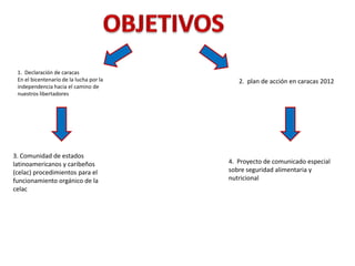 1. Declaración de caracas
En el bicentenario de la lucha por la
independencia hacia el camino de
nuestros libertadores
2. plan de acción en caracas 2012
3. Comunidad de estados
latinoamericanos y caribeños
(celac) procedimientos para el
funcionamiento orgánico de la
celac
4. Proyecto de comunicado especial
sobre seguridad alimentaria y
nutricional
 