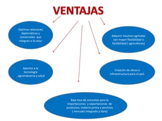 Optimas relaciones
diplomáticas y
comerciales que
integran a la celac
Adquirir insumos agrícolas
con mayor flexibilidad o
factibilidad ( agricultores)
Aportes a la
tecnología
, agroindustria y salud
Creación de obras e
infraestructura para el país
Baja tasa de arancelas para la
importaciones y exportaciones de
productos, materia prima y servicios
( mercado integrado y libre)
 