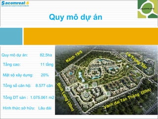 Quy mô dự án

Quy mô dự án:

9/5
1
nh
Kê

82,5ha
11 tầng

Mật sộ xây dựng:
Tổng số căn hộ:

8.577 căn

Tr

ọn

g

Tấ
n

20%

m
30
)

Hình thức sở hữu: Lâu dài

(
ng
Lo

Tổng DT sàn : 1.075.061 m2

h
Bìn

Tầng cao:

Lê

m)
(30
g
hắn
T
ân
T
đai
h
Vàn

 
