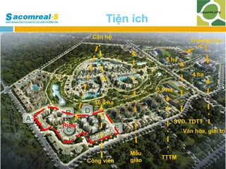 Tiện ích
Căn hộ

Trương học
5 ha
4 ha
3,5 ha

16,4 ha
SVĐ, TDTT

Ruby

Văn hóa, giải trí

Công viên

Mẫu
giáo

TTTM

 