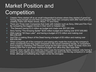Market Position and 
Competition 
 Celador Films started off as an small independent business where they started of great but 
having being bought out and then buying back there own company back after hard work and 
creating There own Radio shows, Music, TV and Films. 
 There are Three main Companies that rivals with Celador such as Sony, DNA and Film Four. 
By comparing the biggest movies in their work to Celador with: 
 The Descent having £3.5 million as budget and made over $57,051,054 
 Sony having "The Amazing Spider" $230 million budget and making over $757,930,663 
 DNA making "28 Days Later" and having a budget of £15 million and making over 
$64,238,440 
 And Film 4 making Shaun of the Dead having a budget of £6 million and making over 
$30,039,392 
 When comparing all of the company's and seeing who made the most out the company's 
when considering how they spent compared to the actual marketing results. In comparison 
from budget to marketing The Descent actual did the best having nearly 16 times more and 
beating both Film 4 and when mentions budget/ box office they also beat DNA. 
 however when we talk who made the most it was the Amazing Spider however only having 3 
times, so when talking about completion Celador can stick it too the big company's in certain 
times although in marketing they might not be the strongest. 
