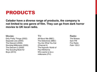 PRODUCTS
Celador have a diverse range of products, the company is
not limited to one genre of film. They can go from dark horror
movies to UK local radio.
Movies:
Dirty Pretty Things (2002)
Separate Lies (2005)
The Descent (2006)
Slumdog Millionaire (2009)
The Descent 2 (2009)
The Scouting Book for
Boys (2010)
TV:
All About Me (BBC)
The Detectives (BBC)
You Are What You Eat
(Channel 4)
The Hypnotic World of
Paul McKenna
Who wants to be a
millionaire (ITV)
Radio:
The Breeze
Sam FM
Fire Radio
Palm 105.5
 