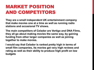 MARKET POSITION
AND COMPETITORS
They are a small independent UK entertainment company
that make movies one at a time as well as running radio
stations and occasional TV shows.
The main competitors of Celador are Vertigo and DNA Films,
they all go about making movies the same way, by gaining
funding from other larger companies as well as joining
together to make movies.
I would say that Celador is ranked pretty high in terms of
small film companies, its movies get very high reviews and
rating as well as their ability to produce high profit on low
budgets
 
