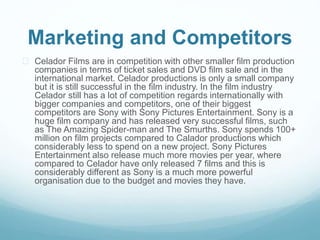 Marketing and Competitors 
 Celador Films are in competition with other smaller film production 
companies in terms of ticket sales and DVD film sale and in the 
international market. Celador productions is only a small company 
but it is still successful in the film industry. In the film industry 
Celador still has a lot of competition regards internationally with 
bigger companies and competitors, one of their biggest 
competitors are Sony with Sony Pictures Entertainment. Sony is a 
huge film company and has released very successful films, such 
as The Amazing Spider-man and The Smurths. Sony spends 100+ 
million on film projects compared to Calador productions which 
considerably less to spend on a new project. Sony Pictures 
Entertainment also release much more movies per year, where 
compared to Celador have only released 7 films and this is 
considerably different as Sony is a much more powerful 
organisation due to the budget and movies they have. 
 
