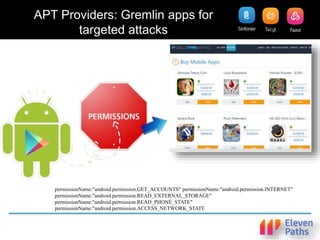 APT Providers: Gremlin apps for
targeted attacks
permissionName:"android.permission.GET_ACCOUNTS" permissionName:"android.permission.INTERNET"
permissionName:"android.permission.READ_EXTERNAL_STORAGE"
permissionName:"android.permission.READ_PHONE_STATE"
permissionName:"android.permission.ACCESS_NETWORK_STATE
 