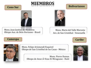 Cono Sur Bolivarianos
Mons. Joao Justino de Medeiros
Obispo Aux. de Belo Horizone - Brasil
Mons. Mario del Valle Moronta
Arz. de San Cristóbal - Venezuela
Camexpa
Mons. Felipe Arizmendi Esquivel
Obispo de San Cristóbal de las Casas - México
Mons. Pierre Dumas
Obispo de Anse-Á-Veau Et Miragoane - Haití
Caribe
MIEMBROS
 