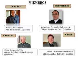 Cono Sur
Mons. Alfredo Zecca
Arz. de Tucumán - Argentina
Bolivarianos
Camexpa
Mons. Gonzalo de Villa
Obispo de Sololá – Chimaltenango,
Guatemala
Mons. Christopher John Glancy
Obispo Auxiliar de Belice - Antillas
Caribe
Mons. Luis Fernando Rodríguez V.
Obispo Auxiliar de Cali - Colombia
MIEMBROS
 