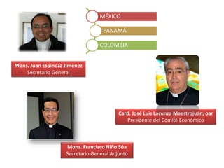 MÉXICO
PANAMÁ
COLOMBIA
Mons. Juan Espinoza Jiménez
Secretario General
Card. José Luis Lacunza Maestrojuán, oar
Presidente del Comité Económico
Mons. Francisco Niño Súa
Secretario General Adjunto
 