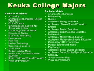 Keuka College Majors Bachelor of Science Accounting  American Sign Language- English Interpreting Clinical Science Clinical Science dual with NY Chiropractic College Criminology/Criminal Justice  Educational Studies Environmental Science  Management  Marketing Medical Technology Occupational Science  Social Work Student-Initiated Major Unified Early Childhood/Special Education  Unified Childhood/Special Education Visual and Verbal Art Bachelor of Arts American Sign Language Biochemistry  Biology  Adolescent Biology Education Adolescent  Biology/Special Education  English Adolescent English Education Adolescent English/Special Education Mathematics Adolescent Mathematics Education Adolescent Mathematics/Special Education Organizational Communication Political Science and History  Psychology Adolescent Social Studies Education Adolescent Social Studies/Special Education  Sociology  Student-Initiated Major  Visual and Verbal Arts 