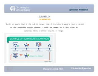 @mcielak #redesmoi
EJEMPLO
REMARKETING
Cuando			 los			 usuarios			 dejan			 el			 sitio			 web			 sin			 comprar			 nada,			 el			 remarketing			 le			 ayuda			 a			 volver			 a			 conectar			
con			 ellos			 mostrándoles			 anuncios			 relevantes			 a			 medida			 que			 navegan			 por			 la			 Web,			 utilizan			 las	
aplicaciones			 móviles			 o			 efectúan			 búsquedas			 en			 Google.
80
Gabriela Mejia T.
Moises.Cielak.Net
 