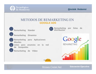 Remarketing			 Standar
Remarketing			 Dinamico
Remarketing			 para			 Aplicaciones			
Moviles
Listas			 para			 anuncios			 en			 la			 red			
de			 busquedas
Remarketing			 de			 Video
Remarketing			 por			 listas			 de			
distribucion1
2
3
4
5
6
@mcielak #redesmoi
METODOS DE REMARKETING EN
GOOGLE ADS
81
Gabriela Mejia T.
Moises.Cielak.Net
 