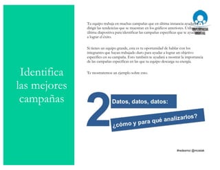 Identifica
las mejores
campañas
Tu equipo trabaja en muchas campañas que en última instancia ayudarán a
dirigir las tendencias que se muestran en los gráficos anteriores. Utiliza esta
última diapositiva para identificar las campañas específicas que te ayudaron
a lograr el éxito.
Si tienes un equipo grande, esta es tu oportunidad de hablar con los
integrantes que hayan trabajado duro para ayudar a lograr un objetivo
específico en su campaña. Esto también te ayudará a mostrar la importancia
de las campañas específicas en las que tu equipo descarga su energía.
Te mostraremos un ejemplo sobre esto.
 