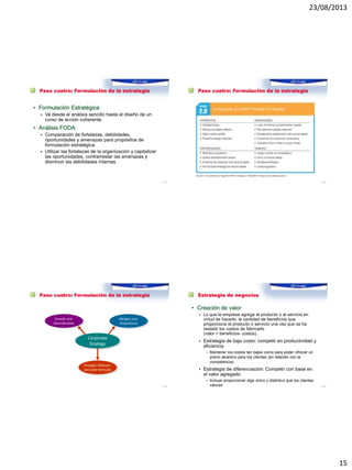 23/08/2013
15
Paso cuatro: Formulación de la estrategia
• Formulación Estratégica
 Va desde el análisis sencillo hasta el diseño de un
curso de acción coherente.
• Análisis FODA
 Comparación de fortalezas, debilidades,
oportunidades y amenazas para propósitos de
formulación estratégica.
 Utilizar las fortalezas de la organización y capitalizar
las oportunidades, contrarrestar las amenazas y
disminuir las debilidades internas.
1–57
Paso cuatro: Formulación de la estrategia
1–58
Paso cuatro: Formulación de la estrategia
1–59
Strategic Alliances
and Joint Ventures
Growth and
Diversification
Mergers and
Acquisitions
Corporate
Strategy
Estrategia de negocios
• Creación de valor
 Lo que la empresa agrega al producto o al servicio en
virtud de hacerlo; la cantidad de beneficios que
proporciona el producto o servicio una vez que se ha
restado los costos de fabricarlo
(valor = beneficios- costos).
 Estrategia de bajo costo: competir en productividad y
eficiencia
– Mantener los costos tan bajos como para poder ofrecer un
precio atractivo para los clientes (en relación con la
competencia).
 Estrategia de diferenciación: Competir con base en
el valor agregado
– Incluye proporcionar algo único y distintivo que los clientes
valoran 1–60
 