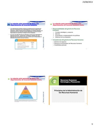 23/08/2013
9
La relación entre gerentes de línea y los
departamentos de recursos humanos.
• Las organizaciones exitosas combinan la experiencia de los gerentes de
línea con la experiencia de los especialistas de recursos humanos para
desarrollar y utilizar el talento de los empleados a su máximo potencial. Los
gerentes de línea son gerentes de áreas diferentes a recursos humanos
responsables de supervisar el trabajo de otros empleados..
• Así como hay diferentes tipos de gerentes en línea que se especializan en
diferentes funciones – operaciones, contabilidad, marketing, etc- hay
diferentes tipos de gerentes de recursos humanos que se especializan en
diferentes funciones de recursos humanos.
1–33
Moises.cielak.net
La relación entre gerentes de línea y los
departamentos de recursos humanos (cont.)
• Responsabilidades del gerente de Recursos
Humanos
1. Consejo estratégico y asesoría
2. Servicio
3. Formulación e implementación de políticas
4. Defensa de los empleados
• Competencias del gerente de Recursos Humanos
 Dominio de negocios
 Dominio en los procesos de Recursos Humanos
 Credibilidad personal
1–34
La relación entre gerentes de línea y los
departamentos de recursos humanos (cont.)
1–35
Moises.cielak.net
© 2012 Cengage Learning. All Rights Reserved. May not be copied, scanned, or duplicated, in whole or in part, except for use as
permitted in a license distributed with a certain product or service or otherwise on a password-protected website for classroom use.
Recursos Humanos:
Estrategia y Planeación
1–36
The Challenges of Human Resources Management
Principios de la Administración de
los Recursos Humanos
 