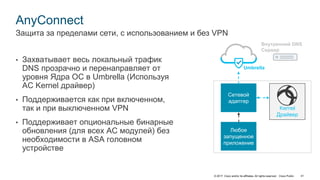© 2017 Cisco and/or its affiliates. All rights reserved. Cisco Public 41
AnyConnect
• Захватывает весь локальный трафик
DNS прозрачно и перенаправляет от
уровня Ядра ОС в Umbrella (Используя
AC Kernel драйвер)
• Поддерживается как при включенном,
так и при выключенном VPN
• Поддерживает опциональные бинарные
обновления (для всех AC модулей) без
необходимости в ASA головном
устройстве
Защита за пределами сети, с использованием и без VPN
Сетевой
адаптер
Любое
запущенное
приложение
Kernel
Драйвер
Umbrella
Внутренний DNS
Сервер
 
