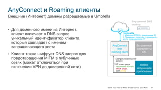 © 2017 Cisco and/or its affiliates. All rights reserved. Cisco Public 42
AnyConnect и Roaming клиенты
• Для доменного имени из Интернет,
клиент включает в DNS запрос
уникальный идентификатор клиента,
который совпадает с именем
запрашивающего хоста
• Клиент также шифрует DNS запрос для
предотвращения MITM в публичных
сетях (может отключаться при
включении VPN до доверенной сети)
Внешние (Интернет) домены разрешаемые в Umbrella
Встроенные
компоненты
ОС
Любое
запущенное
приложение
AnyConnect
или
roaming client
Umbrella
1. Шифрует EDNS с уникальным ID
2. Применяет политику с привязкой к
хосту, пользователю, IP
Внутренний DNS
сервер
1.Запрос на внешний
домен
2.IP ответ вида
requested domain,
block page,
или proxy
 