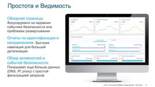 © 2017 Cisco and/or its affiliates. All rights reserved. Cisco Public 51
Простота и Видимость
Обзорная страница:
Фокусируемся на недавних
событиях безопасности или
проблемах развертывания
Отчеты по идентификации и
направлениям: Быстрая
навигация для большей
детализации
Обзор активностей и
событий безопасности:
Показывает еще больше данных
(DNS, IP, proxy) с простой
фильтрацией запросов
 