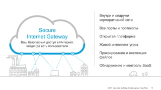 © 2017 Cisco and/or its affiliates. All rights reserved. Cisco Public 10
Внутри и снаружи
корпоративной сети
Все порты и протоколы
Открытая платформа
Живой интеллект угроз
Проксирование и инспекция
файлов
Обнаружение и контроль SaaS
Ваш безопасный доступ в Интернет,
везде где есть пользователи
Secure
Internet Gateway
 