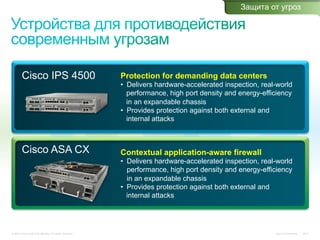 Защита от угроз




         Cisco IPS 4500                                    Protection for demanding data centers
                                                           •  Delivers hardware-accelerated inspection, real-world
                                                              performance, high port density and energy-efficiency
                                                              in an expandable chassis
                                                           •  Provides protection against both external and
                                                              internal attacks



         Cisco ASA CX                                      Contextual application-aware firewall
                                                           •  Delivers hardware-accelerated inspection, real-world
                                                              performance, high port density and energy-efficiency
                                                              in an expandable chassis
                                                           •  Provides protection against both external and
                                                              internal attacks




© 2010 Cisco and/or its affiliates. All rights reserved.                                                    Cisco Confidential   1247
 