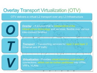 OTV delivers a virtual L2 transport over any L3 Infrastructure




    O
                                                       Overlay - A solution that is independent of the
                                                       infrastructure technology and services, flexible over various
                                                       inter-connect facilities




    T                                                      Transport - Transporting services for layer 2 and layer 3
                                                           Ethernet and IP traffic




    V
                                                           Virtualization - Provides virtual stateless multi-access
                                                           connections, which can be further partitioned into VPNs,
                                                           VRFs, VLANs
© 2011 Cisco and/or its affiliates. All rights reserved.                                                               41
 