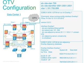 otv site-vlan 700
                                                                                       otv site-identifier 0001.0001.0001
                                                                                       vlan 1,101,700,999
                                                                                       CORE11-N7K-1-OTV# sh run int Overlay 1
              Data Center 1
                                                                                       !Command: show running-config interface Overlay1
                                                                                 OTV   !Time: Fri Oct 12 13:11:03 2012

             Core 1                                               Core 2               version 5.2(1)
  20.1.1.0/24 .                                                    .    20.2.1.0/24
              2                                                    2                   interface Overlay1
                                     Core 1                  Core 2

                                                                                         otv join-interface Ethernet2/39
                                                                                         otv extend-vlan 101, 999
       AS                                                                   AS
       A1                                                                   A2           otv use-adjacency-server 20.1.1.1 20.2.1.1 unicast-
                                                                                       only
                                     AGG 1                   AGG 2                       otv adjacency-server unicast-only
                                                                                         no shutdown

                                   vPC 10                   vPC 11
                                                                                 .1
                                                                                       CORE11-N7K-1-OTV# sh otv adjacency
   .1       OT                                                         OT              Overlay Adjacency database
            V                                 OTV Site VLAN 700        V




 OTV 1                                                                      OTV 2
                                                                                       Overlay-Interface Overlay1 :
                                                                                       Hostname                 System-ID     Dest Addr
                                                                                       Up Time State
                                                                                                                0024.f716.43c4 20.2.1.1
                                                                                       02:28:19 UP
                                                                                       CORE31-N7K-1-OTV         f866.f206.fcc3 20.3.1.1
                                                                                       10:28:07 UP
© 2011 Cisco and/or its affiliates. All rights reserved.
                                                                                                                18ef.63e5.5343 20.4.1.1        45
 
