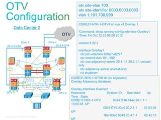 otv site-vlan 700
                                                                                             otv site-identifier 0003.0003.0003
                                                                                             vlan 1,101,700,999

                                                                                             CORE31-N7K-1-OTV# sh run int Overlay 1
              Data Center 2
                                                                                             !Command: show running-config interface Overlay1
                                                                                  OTV        !Time: Fri Oct 12 23:05:50 2012

             Core 3                                                Core 4                    version 5.2(1)
  20.3.1.0/24 .                                                     .    20.4.1.0/24
              2                                                     2
                                     Core 3                  Core 4                          interface Overlay1
                                                                                               otv join-interface Ethernet2/27
       AS
                                                                                               otv extend-vlan 101, 999
                                                                             AS
       A3                                                                    A4                otv use-adjacency-server 20.1.1.1 20.2.1.1 unicast-
                                                                                             only
                                     AGG 3                   AGG 4
                                                                                               otv adjacency-server unicast-only
                                                                                               no shutdown

                                                             vPC 26
                                                                                        CORE31-N7K-1-OTV# sh otv adjacency
                                   vPC 25
   .1                                                                             .1    Overlay Adjacency database
            OT                                                          OT
            V                                  OTV Site VLAN 700        V


                                                                                        Overlay-Interface Overlay1 :
 OTV 3                                                                       OTV 4      Hostname                 System-ID     Dest Addr     Up
                                                                                        Time State
                                                                                        CORE11-N7K-1-OTV              0024.f716.5444 20.1.1.1
                                                                                        13:00:46 UP
                                                                                                               0024.f716.43c4 20.2.1.1     01:03:38
                                                                                        UP
© 2011 Cisco and/or its affiliates. All rights reserved.
                                                                                                               18ef.63e5.5343 20.4.1.1     05:42:13
                                                                                                                                                  46
                                                                                        UP
 