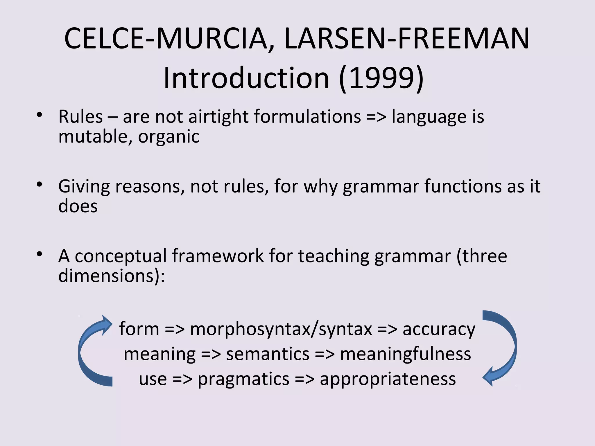 CELCE-MURCIA, LARSEN-FREEMAN
Introduction (1999)
• Rules – are not airtight formulations => language is
mutable, organic
• Giving reasons, not rules, for why grammar functions as it
does
• A conceptual framework for teaching grammar (three
dimensions):
form => morphosyntax/syntax => accuracy
meaning => semantics => meaningfulness
use => pragmatics => appropriateness
 