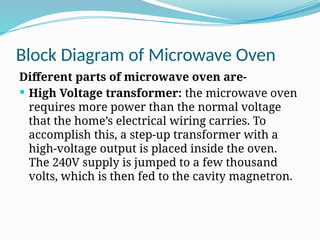 Block Diagram of Microwave Oven
Different parts of microwave oven are-
 High Voltage transformer: the microwave oven
requires more power than the normal voltage
that the home’s electrical wiring carries. To
accomplish this, a step-up transformer with a
high-voltage output is placed inside the oven.
The 240V supply is jumped to a few thousand
volts, which is then fed to the cavity magnetron.
 