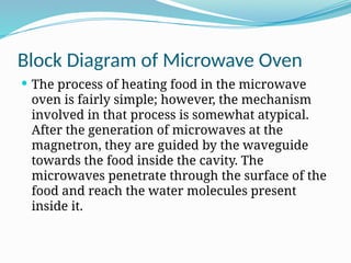 Block Diagram of Microwave Oven
 The process of heating food in the microwave
oven is fairly simple; however, the mechanism
involved in that process is somewhat atypical.
After the generation of microwaves at the
magnetron, they are guided by the waveguide
towards the food inside the cavity. The
microwaves penetrate through the surface of the
food and reach the water molecules present
inside it.
 