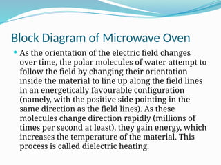Block Diagram of Microwave Oven
 As the orientation of the electric field changes
over time, the polar molecules of water attempt to
follow the field by changing their orientation
inside the material to line up along the field lines
in an energetically favourable configuration
(namely, with the positive side pointing in the
same direction as the field lines). As these
molecules change direction rapidly (millions of
times per second at least), they gain energy, which
increases the temperature of the material. This
process is called dielectric heating.
 
