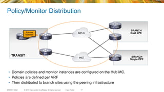 © 2015 Cisco and/or its affiliates. All rights reserved.BRKRST-2362 Cisco Public
Policy/Monitor Distribution
17
MPLS
INET BRANCH
Single CPE
BRANCH
Dual CPE
BRDC/MC BR
MC/BR
MC/BR
BR
•  Domain policies and monitor instances are configured on the Hub MC.
•  Policies are defined per VRF
•  Then distributed to branch sites using the peering infrastructure
Policies
Monitors
Policies
Monitors
TRANSIT
 