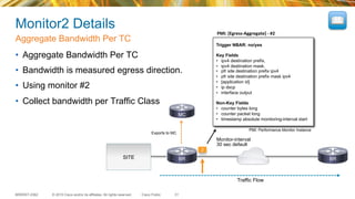 © 2015 Cisco and/or its affiliates. All rights reserved.BRKRST-2362 Cisco Public
Exports to MC
Monitor2 Details
•  Aggregate Bandwidth Per TC
•  Bandwidth is measured egress direction.
•  Using monitor #2
•  Collect bandwidth per Traffic Class
Aggregate Bandwidth Per TC
31
PMI:	
  [Egress-­‐Aggregate]	
  -­‐	
  #2	
  
Trigger NBAR: no/yes
Key Fields
•  ipv4 destination prefix,
•  ipv4 destination mask,
•  pfr site destination prefix ipv4
•  pfr site destination prefix mask ipv4
•  [application id]
•  ip dscp
•  interface output
Non-Key Fields
•  counter bytes long
•  counter packet long
•  timestamp absolute monitoring-interval start
SITE
2
Traffic Flow
Monitor-interval
30 sec default
BR BR
MC
PMI: Performance Monitor Instance
 