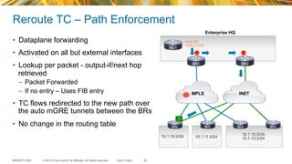 © 2015 Cisco and/or its affiliates. All rights reserved.BRKRST-2362 Cisco Public
INETMPLS
10.1.10.0/24 10.1.11.0/24
10.1.12.0/24
10.1.13.0/24
Enterprise HQ
MC1
BR1 BR2
R10 R11 R12 R13
Hub MC
10.8.3.3/32
3
Reroute TC – Path Enforcement
•  Dataplane forwarding
•  Activated on all but external interfaces
•  Lookup per packet - output-if/next hop
retrieved
–  Packet Forwarded
–  If no entry – Uses FIB entry
•  TC flows redirected to the new path over
the auto mGRE tunnels between the BRs
•  No change in the routing table
55
 
