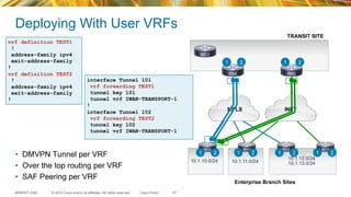 © 2015 Cisco and/or its affiliates. All rights reserved.BRKRST-2362 Cisco Public
Deploying With User VRFs
•  DMVPN Tunnel per VRF
•  Over the top routing per VRF
•  SAF Peering per VRF
67
Enterprise Branch Sites
INETMPLS
10.1.10.0/24 10.1.11.0/24
10.1.12.0/24
10.1.13.0/24
MC1
R84 R85
R10 R11 R12 R13
vrf definition TEST1
!
address-family ipv4
exit-address-family
!
vrf definition TEST2
!
address-family ipv4
exit-address-family
!
1 2 1 2
1 2 1 2 1 2 1 2
interface Tunnel 101
vrf forwarding TEST1
tunnel key 101
tunnel vrf IWAN-TRANSPORT-1
!
interface Tunnel 102
vrf forwarding TEST2
tunnel key 102
tunnel vrf IWAN-TRANSPORT-1
TRANSIT SITE
 