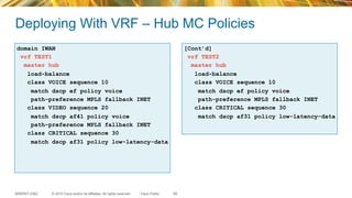 © 2015 Cisco and/or its affiliates. All rights reserved.BRKRST-2362 Cisco Public
Deploying With VRF – Hub MC Policies
69
domain IWAN
vrf TEST1
master hub
load-balance
class VOICE sequence 10
match dscp ef policy voice
path-preference MPLS fallback INET
class VIDEO sequence 20
match dscp af41 policy voice
path-preference MPLS fallback INET
class CRITICAL sequence 30
match dscp af31 policy low-latency-data
[Cont’d]
vrf TEST2
master hub
load-balance
class VOICE sequence 10
match dscp ef policy voice
path-preference MPLS fallback INET
class CRITICAL sequence 30
match dscp af31 policy low-latency-data
 