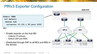© 2015 Cisco and/or its affiliates. All rights reserved.BRKRST-2362 Cisco Public
PfRv3 Exporter Configuration
•  Enable exporter on the Hub MC
–  Collector IP address
–  Default UDP port 9995
•  Distributed through SAF to all MCs and BRs in
the domain
80
domain IWAN
vrf default
master hub
collector 10.151.1.95 port 2055
MC1
INETMPLS
10.1.10.0/24 10.1.11.0/24
10.1.12.0/24
10.1.13.0/24
Hub MC
10.8.3.3/32
IWAN POP
MC1
BR1 BR2
R10 R11 R12 R13
 