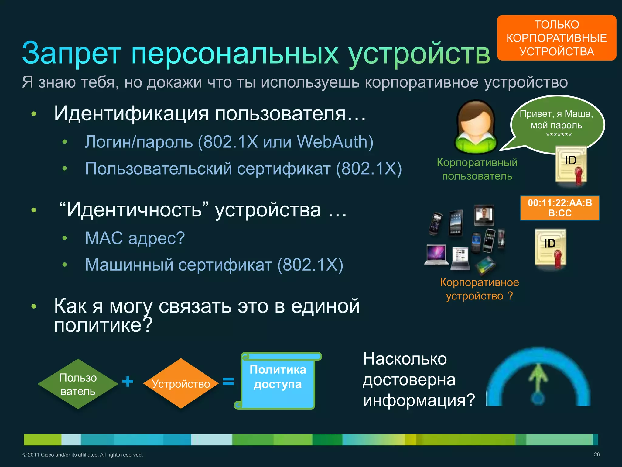 ТОЛЬКО
                                                                                                         КОРПОРАТИВНЫЕ
                                                                                                           УСТРОЙСТВА

Я знаю тебя, но докажи что ты используешь корпоративное устройство
   • Идентификация пользователя…                                                                              Привет, я Маша,
                                                                                                                мой пароль

                  • Логин/пароль (802.1X или WebAuth)                                                              *******

                                                                                              Корпоративный            ID
                  • Пользовательский сертификат (802.1X)                                       пользователь


                 ―Идентичность‖ устройства …
                                                                                                               00:11:22:AA:B
   •                                                                                                               B:CC

                  • MAC адрес?                                                                                    ID
                  • Машинный сертификат (802.1X)
                                                                                              Корпоративное
                                                                                               устройство ?
   • Как я могу связать это в единой
              политике?
                                                                                       Насколько
                                                                            Политика
                Пользо
                                             +             Устройство   =    доступа   достоверна
                ватель
                                                                                       информация?

© 2011 Cisco and/or its affiliates. All rights reserved.                                                                        26
 