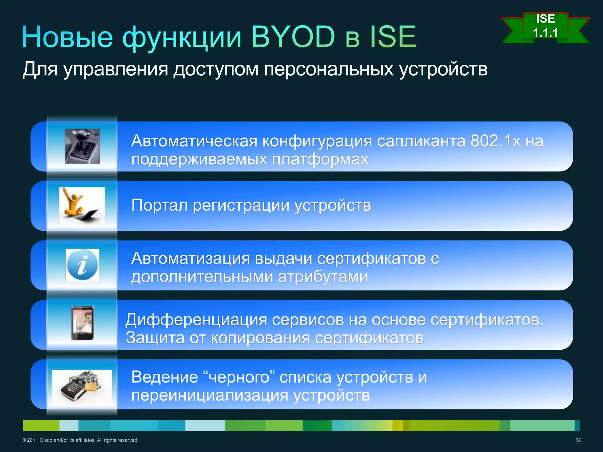 ISE
                                                                                                  1.1.1


Для управления доступом персональных устройств


                                                    Автоматическая конфигурация сапликанта 802.1x на
                                                    поддерживаемых платформах

                                                    Портал регистрации устройств


                                                    Автоматизация выдачи сертификатов с
                                                    дополнительными атрибутами

                                                 Дифференциация сервисов на основе сертификатов.
                                                 Защита от копирования сертификатов

                                                    Ведение ―черного‖ списка устройств и
                                                    переинициализация устройств

© 2011 Cisco and/or its affiliates. All rights reserved.                                                  32
 