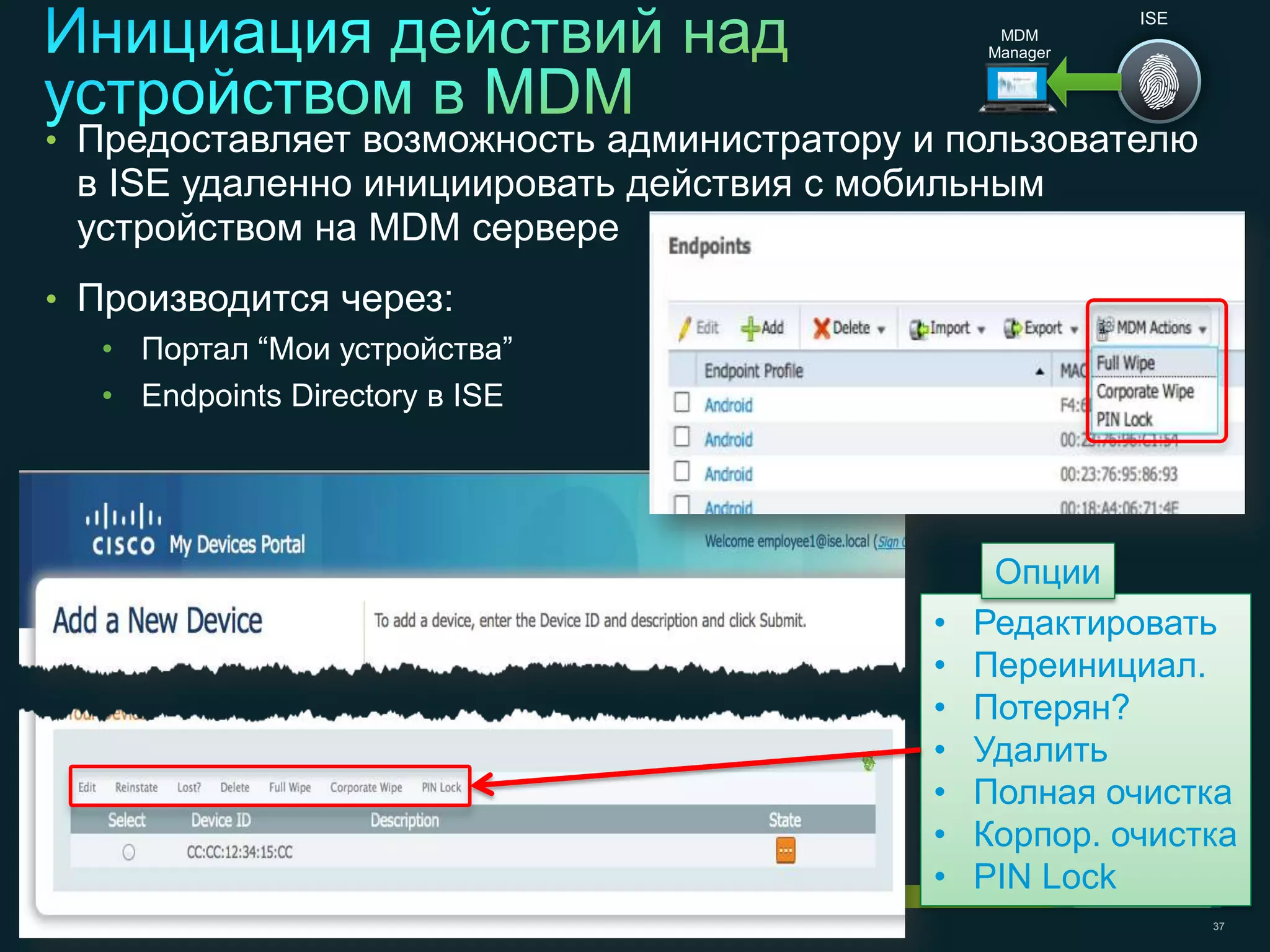 ISE
                                                                MDM
                                                               Manager




• Предоставляет возможность администратору и пользователю
      в ISE удаленно инициировать действия с мобильным
      устройством на MDM сервере
• Производится через:
            • Портал ―Мои устройства‖
            • Endpoints Directory в ISE




                                                                Опции
                                                           •   Редактировать
                                                           •   Переинициал.
                                                           •   Потерян?
                                                           •   Удалить
                                                           •   Полная очистка
                                                           •   Корпор. очистка
                                                           •   PIN Lock
© 2011 Cisco and/or its affiliates. All rights reserved.                       37
 
