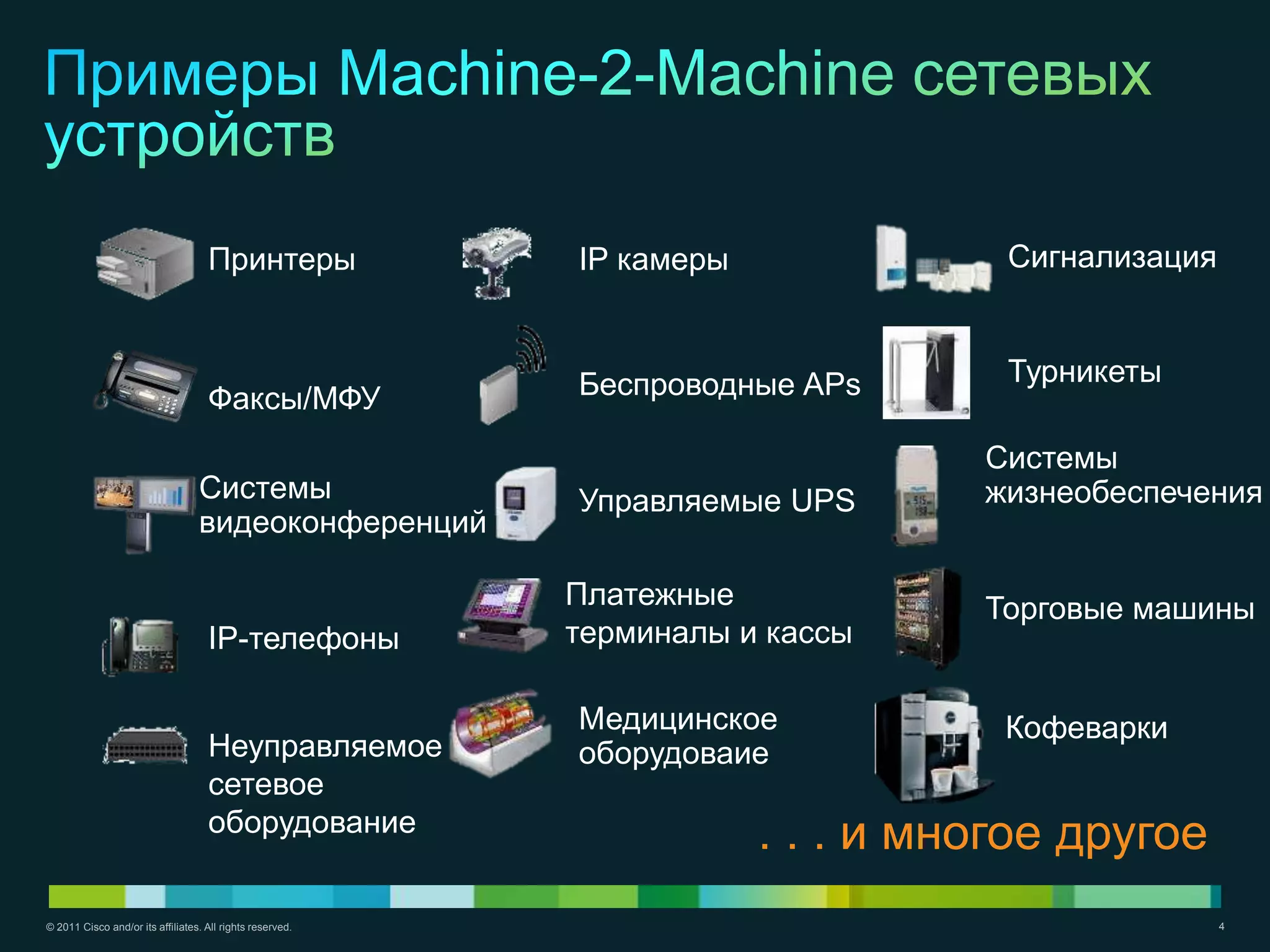 Принтеры               IP камеры              Сигнализация



                                                           Беспроводные APs       Турникеты
                                    Факсы/МФУ
                                                                                 Системы
                                  Системы                  Управляемые UPS       жизнеобеспечения
                                  видеоконференций

                                                           Платежные             Торговые машины
                                    IP-телефоны            терминалы и кассы

                                                           Медицинское            Кофеварки
                                    Неуправляемое          оборудоваие
                                    сетевое
                                    оборудование
                                                                       . . . и многое другое
© 2011 Cisco and/or its affiliates. All rights reserved.                                         4
 