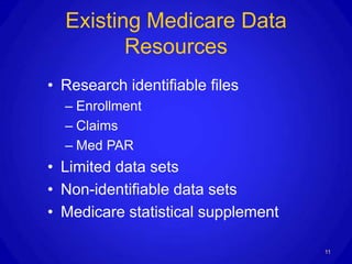Existing Medicare Data
         Resources
• Research identifiable files
  – Enrollment
  – Claims
  – Med PAR
• Limited data sets
• Non-identifiable data sets
• Medicare statistical supplement

                                    11
 